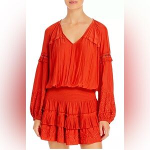 Ramy Brook Coley Mini Dress Large Burnt Orange Long Sleeve Tiered Elastic Ruffle